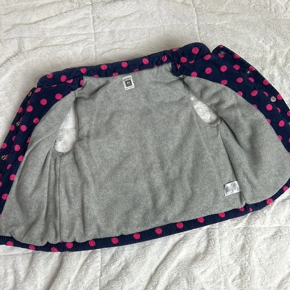 Carter's Girl’s Navy and Pink Polka Dot Corduroy Fleece Lined Puffy Vest - Sz 4t